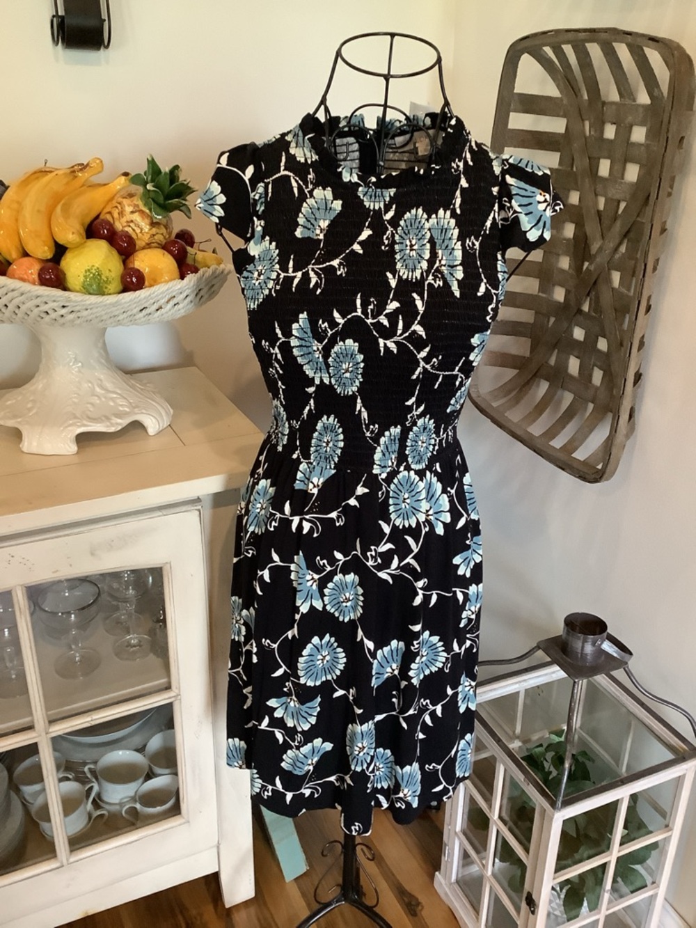 LOFT Black Midi Dress with Blue Floral Print size 0 NWT